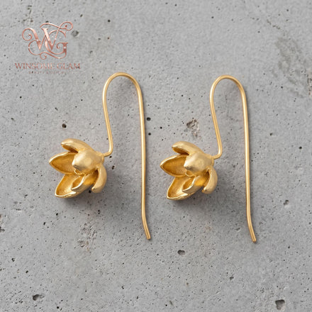 Gold Magnolia Flower Drop Earrings Sculptural Botanical Dangle Jewelry Long Wire Hook Floral Nature Inspired Minimalist Gifts