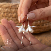 Gold Magnolia Flower Drop Earrings Sculptural Botanical Dangle Jewelry Long Wire Hook Floral Nature Inspired Minimalist Gifts