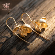 Gold Magnolia Flower Drop Earrings Sculptural Botanical Dangle Jewelry Long Wire Hook Floral Nature Inspired Minimalist Gifts