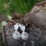 Pearl Drop Earrings, Pear Cut Created Diamond Bridal Earrings, Natural Freshwater Pearl Dangles, Teardrop Wedding Jewelry, Br