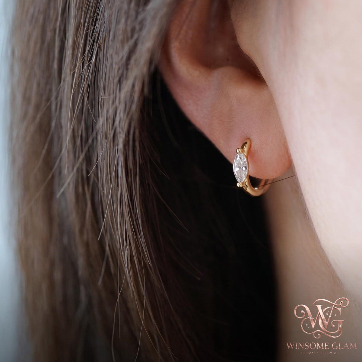 14K Gold Marquise Huggie Hoop Earrings • 925 Sterling Silver Dainty Zircon Hoops • Minimalist Cartilage Helix Piercing Jewelr