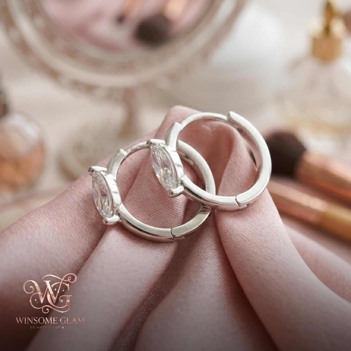 14K Gold Marquise Huggie Hoop Earrings • 925 Sterling Silver Dainty Zircon Hoops • Minimalist Cartilage Helix Piercing Jewelr