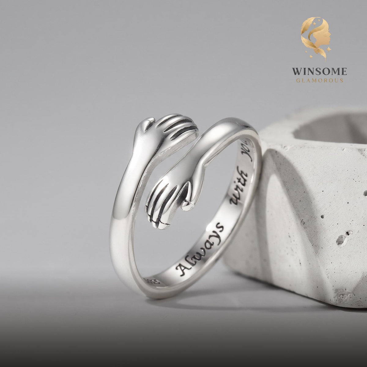ALWAYS WITH YOU" Hug Ring, 925 Sterling Silver Hugging Hands Ring, Meaningful Heartfelt Gift for Her, Wife, Daughter, Mom, Lo