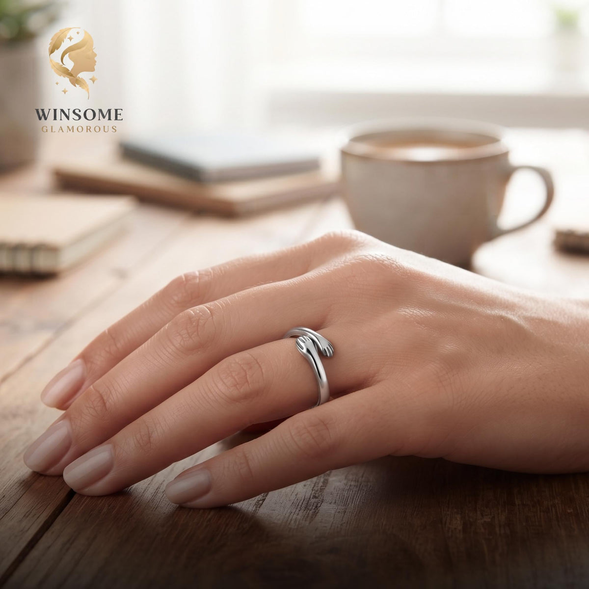 ALWAYS WITH YOU" Hug Ring, 925 Sterling Silver Hugging Hands Ring, Meaningful Heartfelt Gift for Her, Wife, Daughter, Mom, Lo