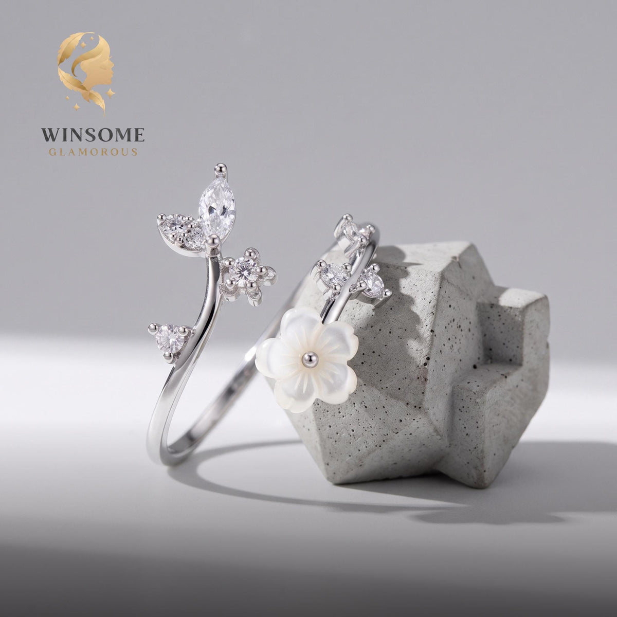 Birth Flower Ring Sterling Silver Adjustable Sakura Dainty Mother of Pearl Personalized Gift for Mom Bridesmaid Anniversary