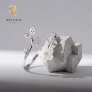 Birth Flower Ring Sterling Silver Adjustable Sakura Dainty Mother of Pearl Personalized Gift for Mom Bridesmaid Anniversary
