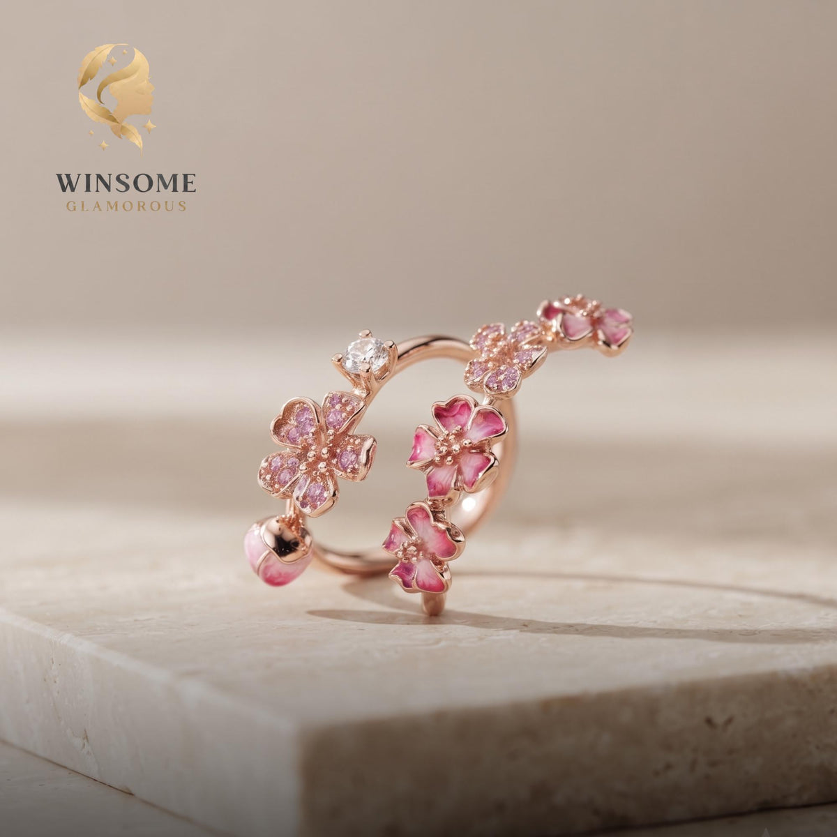 Pink Flower Wrap Ring S925 Silver, Floral Adjustable Ring, Zircon Statement Jewelry, Romantic Gift for Her, Delicate Nature B