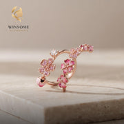 Pink Flower Wrap Ring S925 Silver, Floral Adjustable Ring, Zircon Statement Jewelry, Romantic Gift for Her, Delicate Nature B
