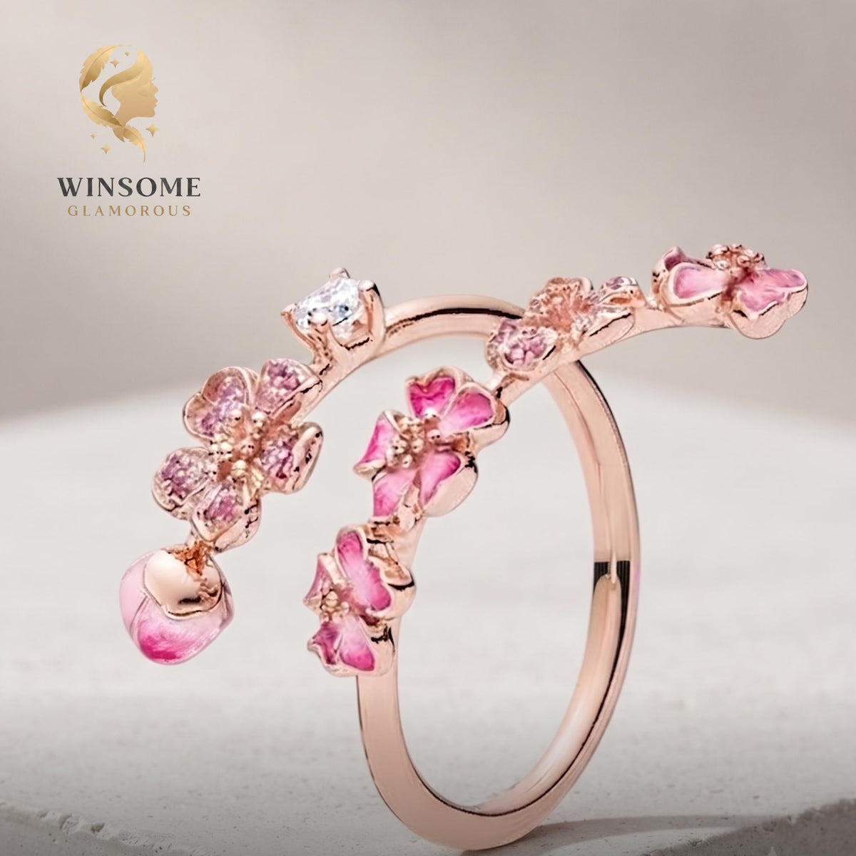 Pink Flower Wrap Ring S925 Silver, Floral Adjustable Ring, Zircon Statement Jewelry, Romantic Gift for Her, Delicate Nature B