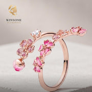 Pink Flower Wrap Ring S925 Silver, Floral Adjustable Ring, Zircon Statement Jewelry, Romantic Gift for Her, Delicate Nature B