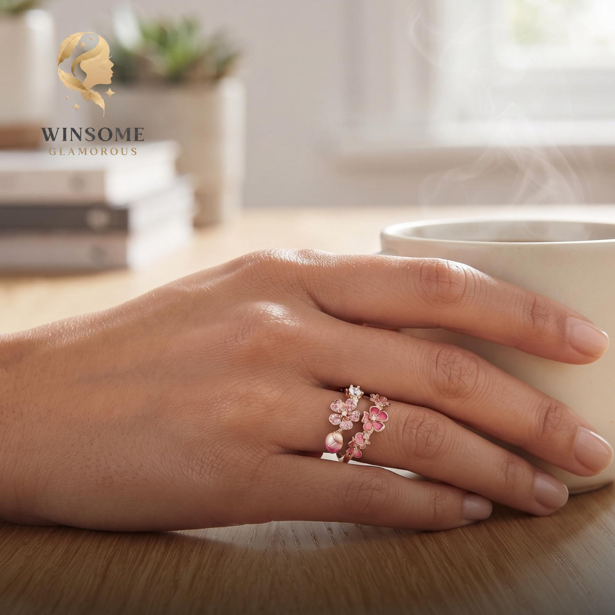 Pink Flower Wrap Ring S925 Silver, Floral Adjustable Ring, Zircon Statement Jewelry, Romantic Gift for Her, Delicate Nature B