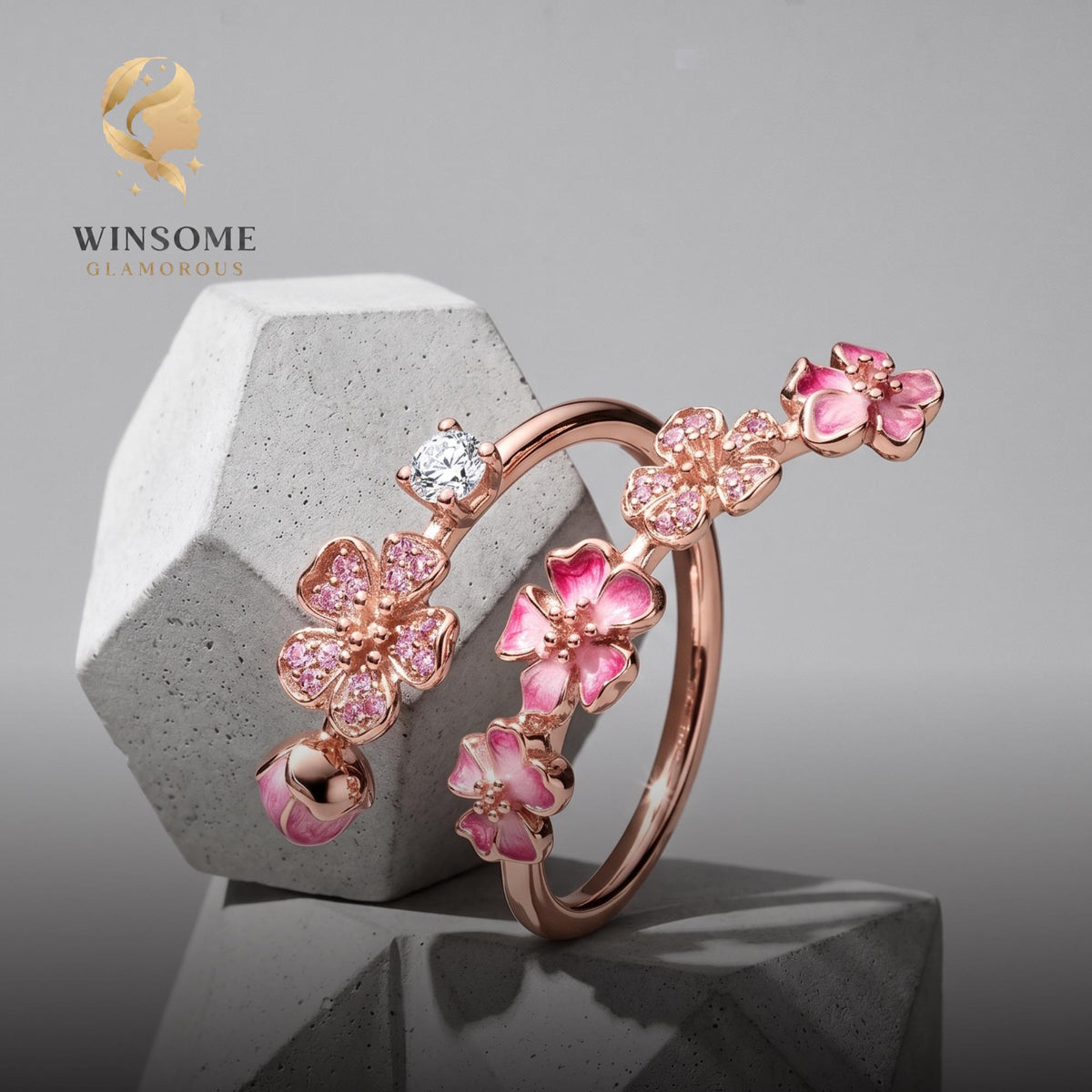 Pink Flower Wrap Ring S925 Silver, Floral Adjustable Ring, Zircon Statement Jewelry, Romantic Gift for Her, Delicate Nature B