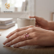 Pink Flower Wrap Ring S925 Silver, Floral Adjustable Ring, Zircon Statement Jewelry, Romantic Gift for Her, Delicate Nature B