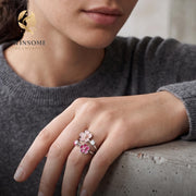 Pink Flower Wrap Ring S925 Silver, Floral Adjustable Ring, Zircon Statement Jewelry, Romantic Gift for Her, Delicate Nature B