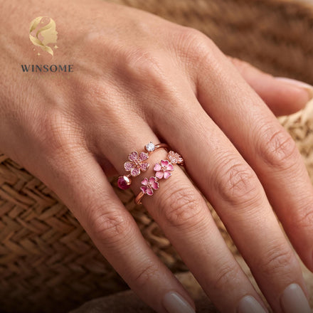 Pink Flower Wrap Ring S925 Silver, Floral Adjustable Ring, Zircon Statement Jewelry, Romantic Gift for Her, Delicate Nature B