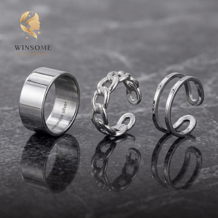 Chunky Black Ring Set • 3-Piece Adjustable Statement Bands • Sleek Minimalist Geometric Stackable Jewelry Pack for Men & Wome
