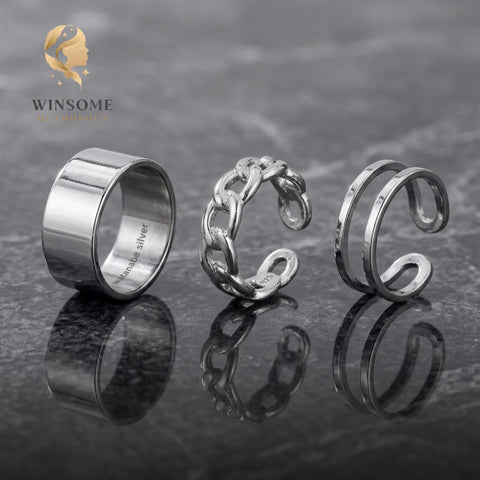 3-Piece Adjustable Black Ring Set – Unisex Stackable Statement Bands