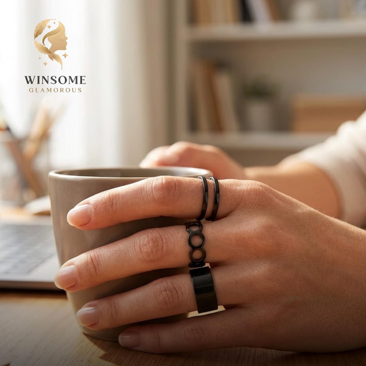 Chunky Black Ring Set • 3-Piece Adjustable Statement Bands • Sleek Minimalist Geometric Stackable Jewelry Pack for Men & Wome