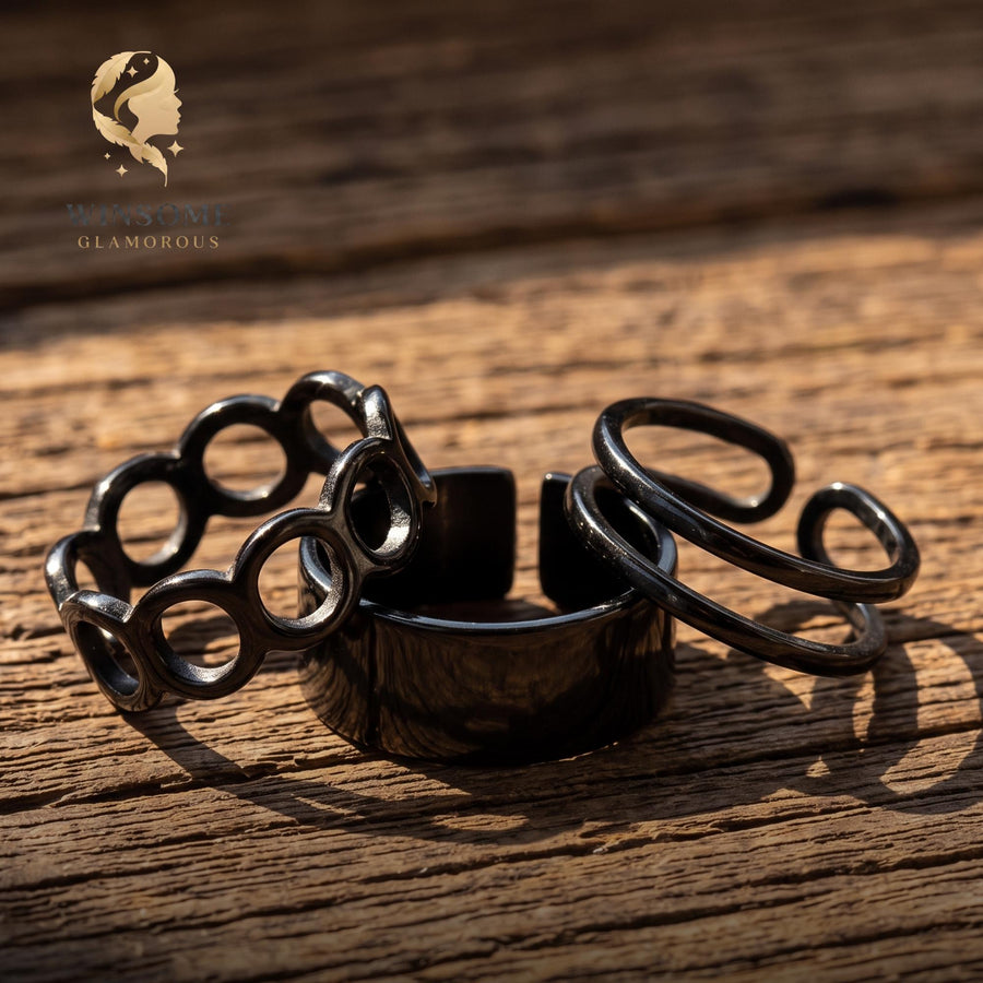Chunky Black Ring Set • 3-Piece Adjustable Statement Bands • Sleek Minimalist Geometric Stackable Jewelry Pack for Men & Wome