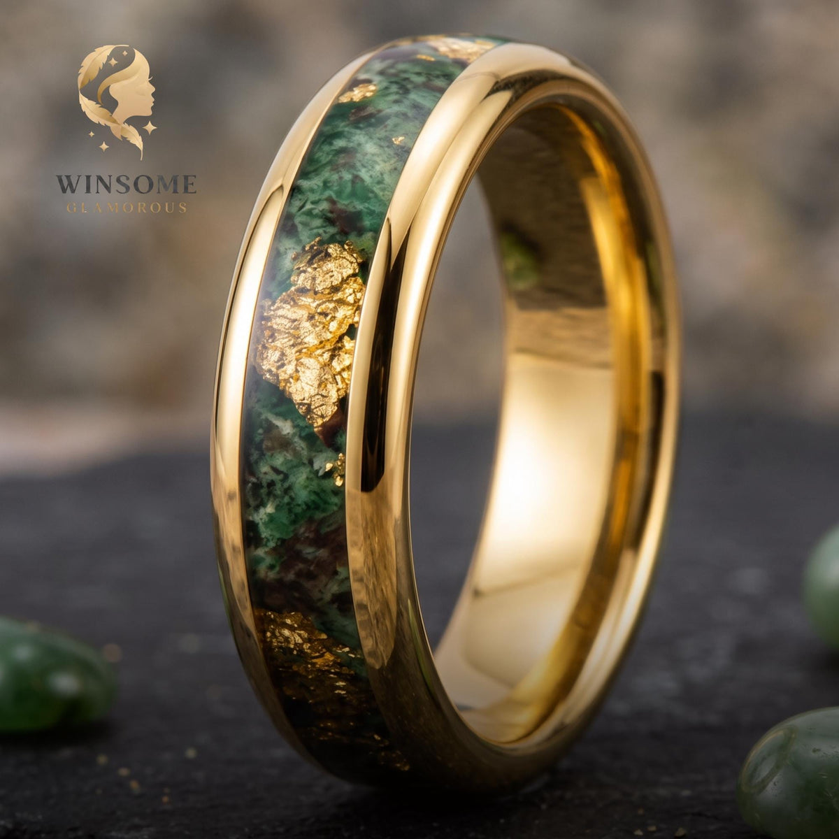 Tungsten Moss Agate Wedding Band | Comfort Fit 4mm 6mm 8mm Ring for Men & Women, Gold Foil Stone Inlay, Anniversary Promise R