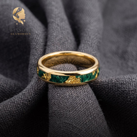 Tungsten Moss Agate Wedding Band | Comfort Fit 4mm 6mm 8mm Ring for Men & Women, Gold Foil Stone Inlay, Anniversary Promise R