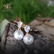 Pearl Drop Earrings, Pear Cut Created Diamond Bridal Earrings, Natural Freshwater Pearl Dangles, Teardrop Wedding Jewelry, Br