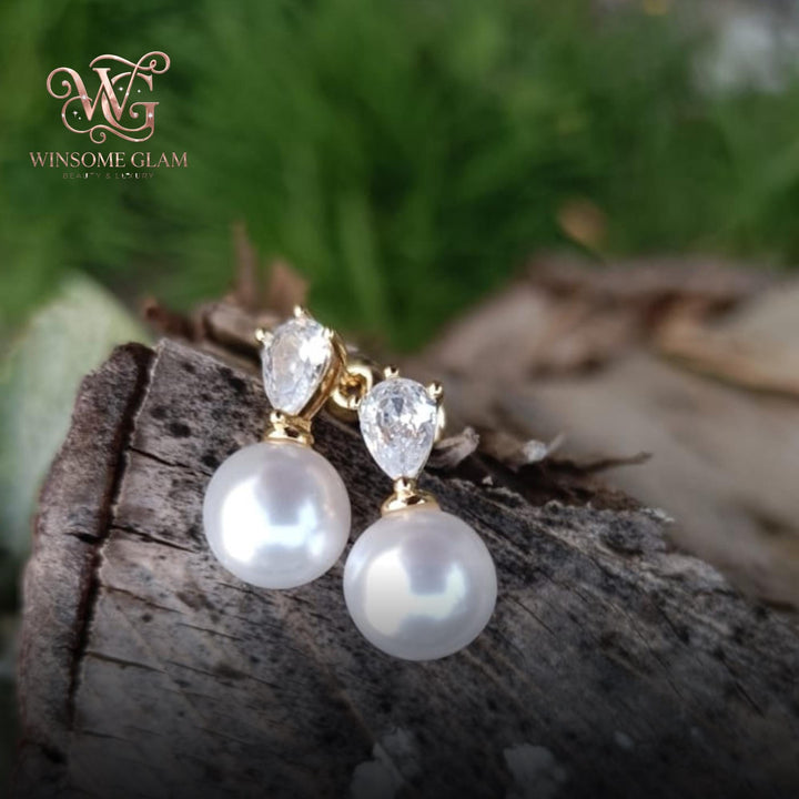 Pearl Drop Earrings, Pear Cut Created Diamond Bridal Earrings, Natural Freshwater Pearl Dangles, Teardrop Wedding Jewelry, Br