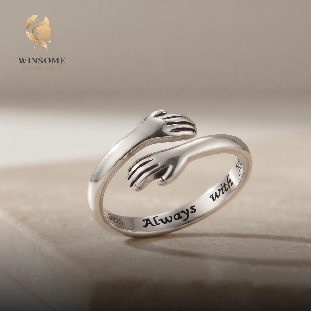 ALWAYS WITH YOU" Hug Ring, 925 Sterling Silver Hugging Hands Ring, Meaningful Heartfelt Gift for Her, Wife, Daughter, Mom, Lo