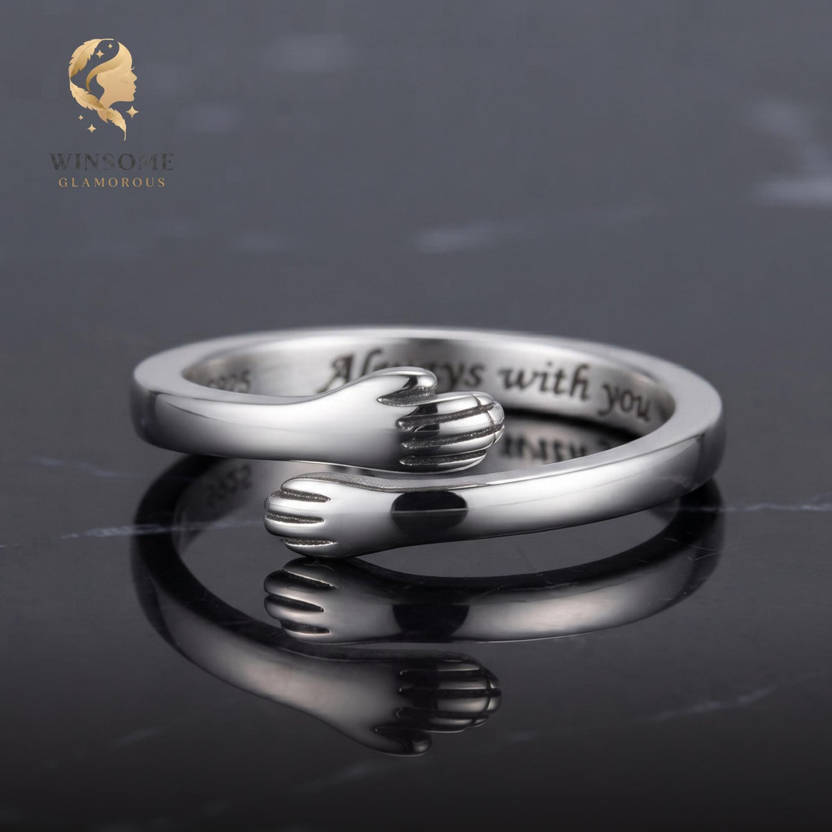 ALWAYS WITH YOU" Hug Ring, 925 Sterling Silver Hugging Hands Ring, Meaningful Heartfelt Gift for Her, Wife, Daughter, Mom, Lo