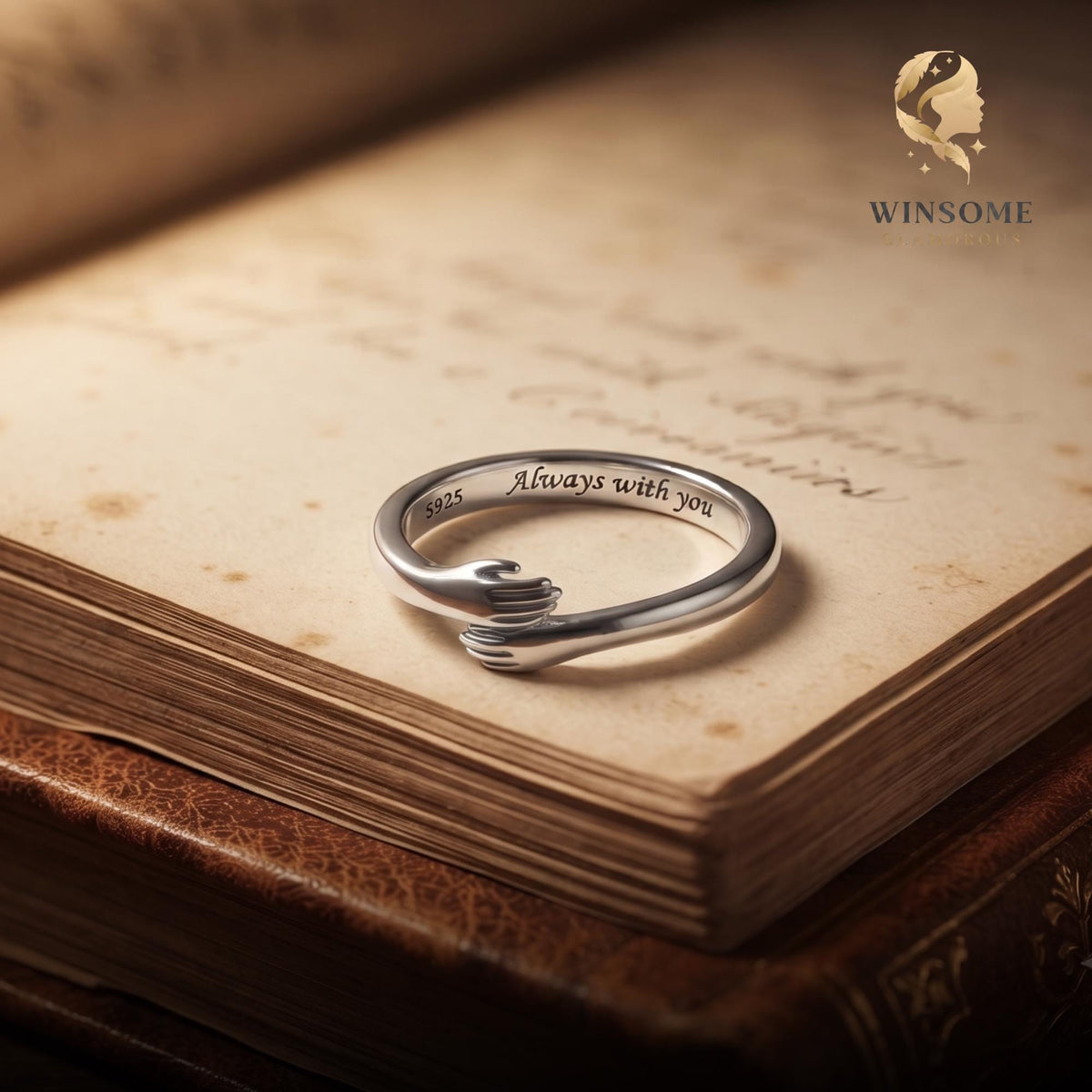 ALWAYS WITH YOU" Hug Ring, 925 Sterling Silver Hugging Hands Ring, Meaningful Heartfelt Gift for Her, Wife, Daughter, Mom, Lo