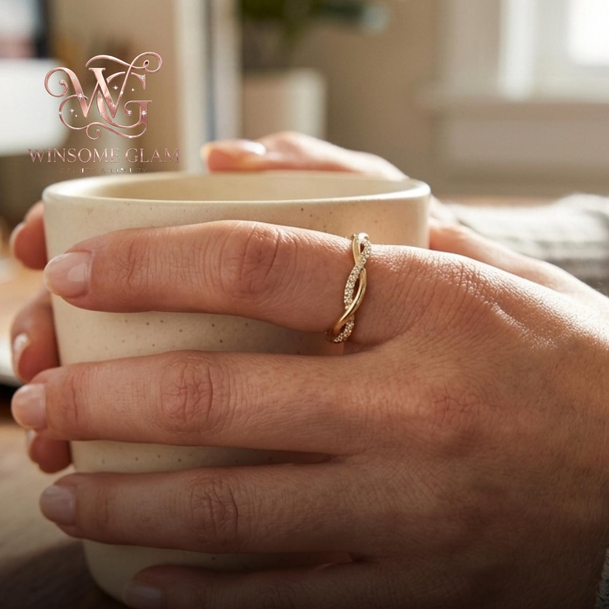 14k Gold Plated Braided Moissanite Ring | Dainty Interlocking Eternity Band | Elegant Stacking Jewelry & Bridal Gift for Wome
