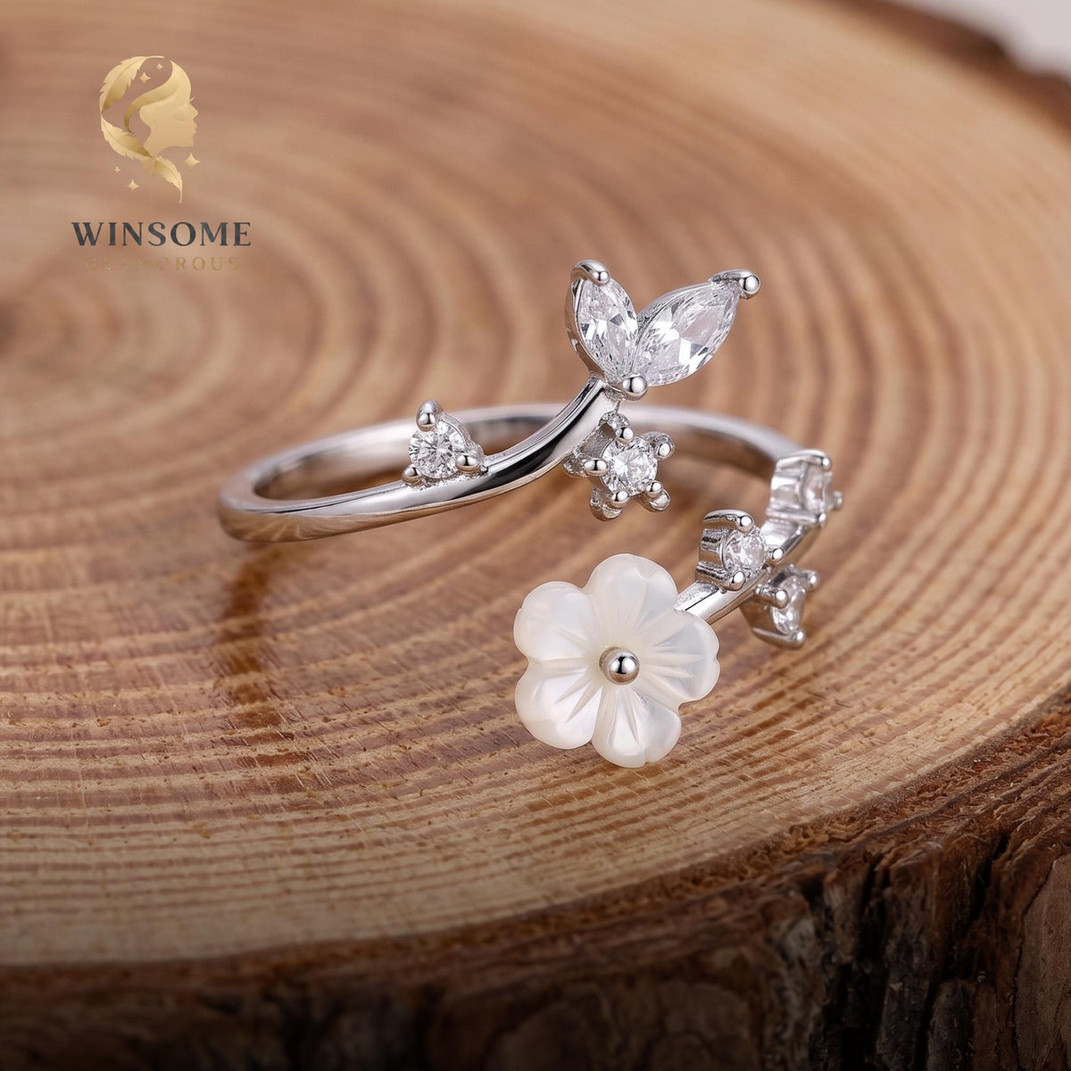 Birth Flower Ring Sterling Silver Adjustable Sakura Dainty Mother of Pearl Personalized Gift for Mom Bridesmaid Anniversary