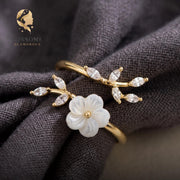 Birth Flower Ring Sterling Silver Adjustable Sakura Dainty Mother of Pearl Personalized Gift for Mom Bridesmaid Anniversary