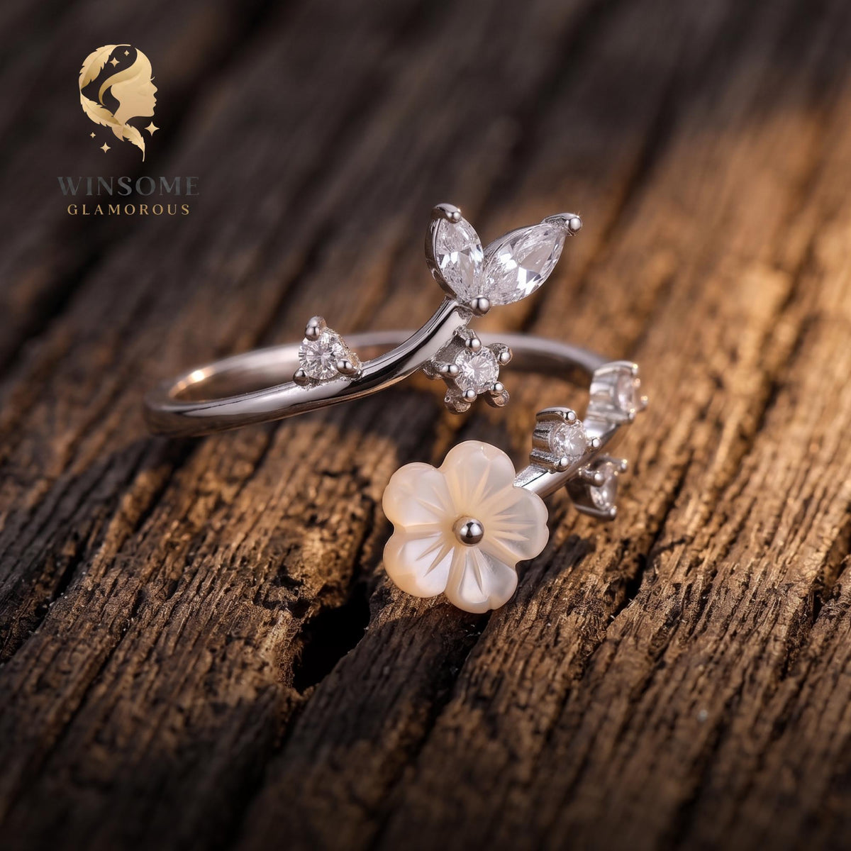 Birth Flower Ring Sterling Silver Adjustable Sakura Dainty Mother of Pearl Personalized Gift for Mom Bridesmaid Anniversary