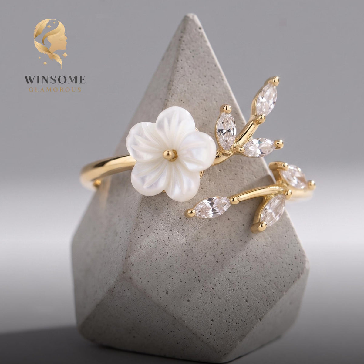 Birth Flower Ring Sterling Silver Adjustable Sakura Dainty Mother of Pearl Personalized Gift for Mom Bridesmaid Anniversary