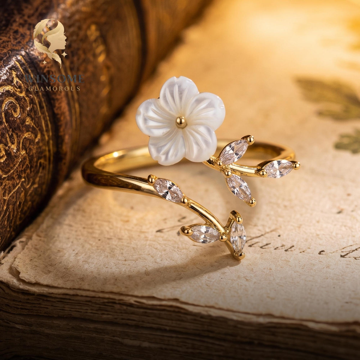 Birth Flower Ring Sterling Silver Adjustable Sakura Dainty Mother of Pearl Personalized Gift for Mom Bridesmaid Anniversary