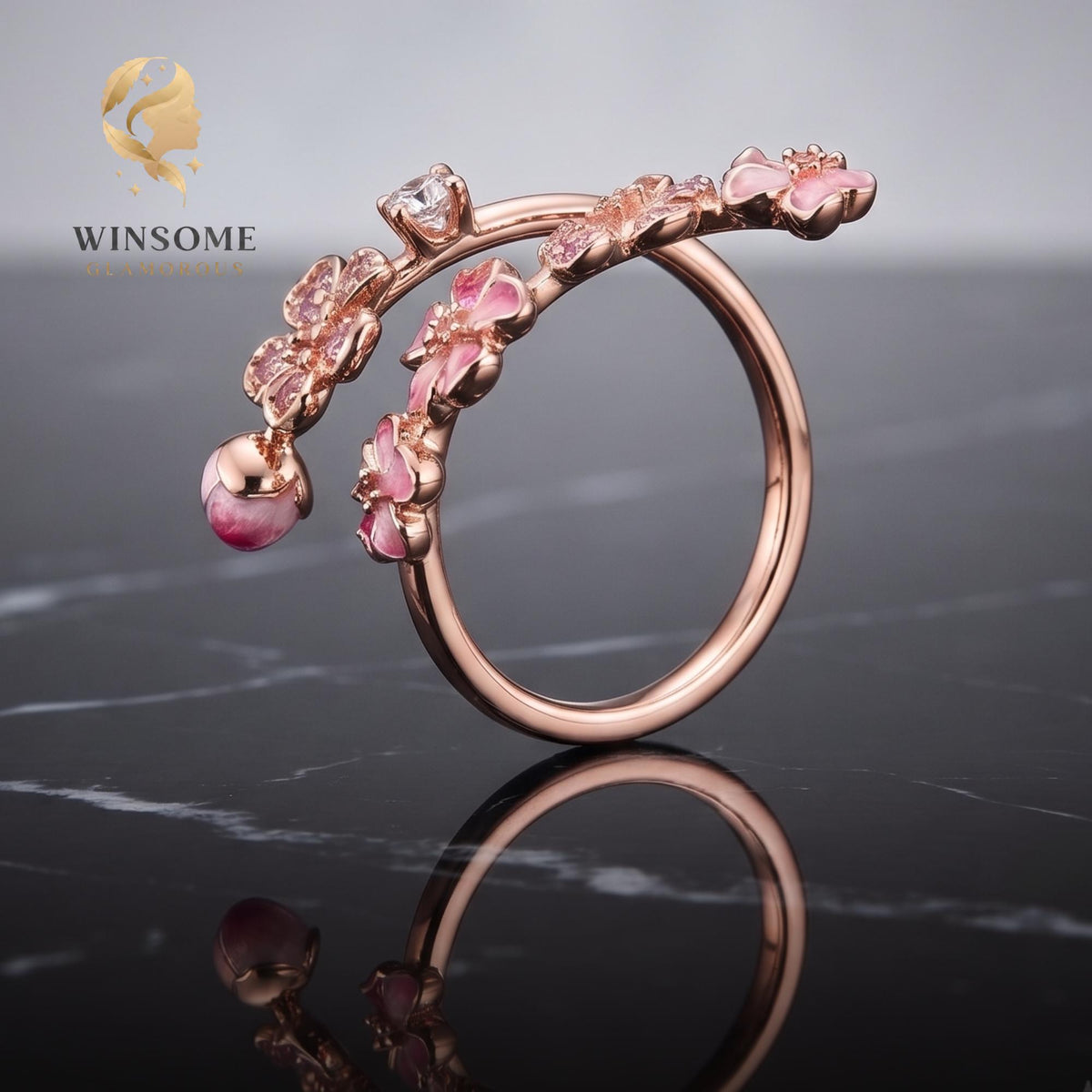 Pink Flower Wrap Ring S925 Silver, Floral Adjustable Ring, Zircon Statement Jewelry, Romantic Gift for Her, Delicate Nature B