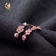 Pink Flower Wrap Ring S925 Silver, Floral Adjustable Ring, Zircon Statement Jewelry, Romantic Gift for Her, Delicate Nature B