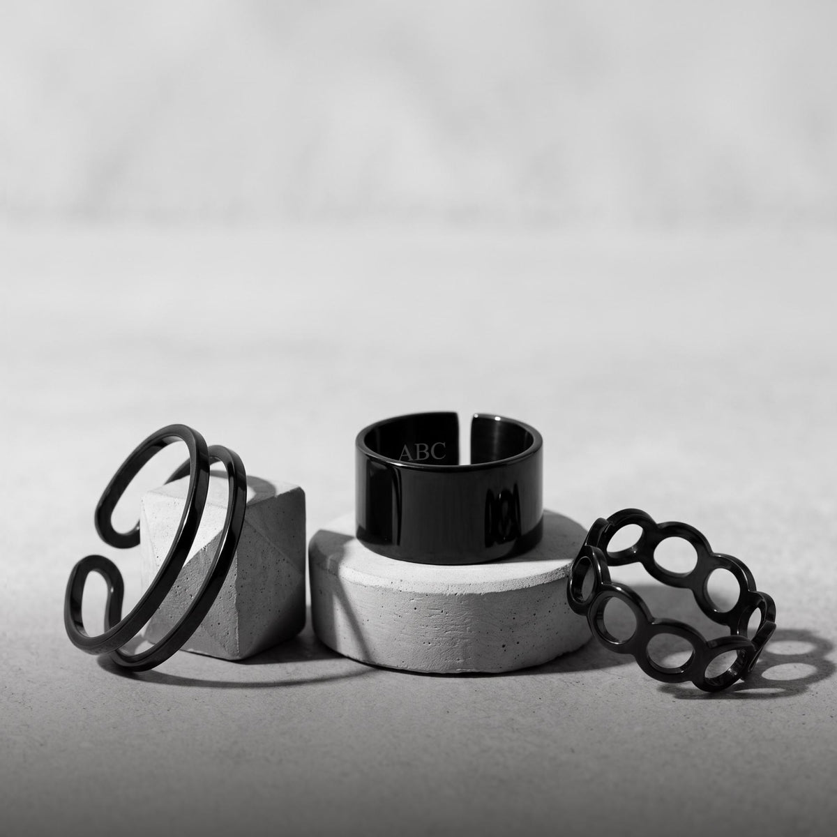 Chunky Black Ring Set • 3-Piece Adjustable Statement Bands • Sleek Minimalist Geometric Stackable Jewelry Pack for Men & Wome