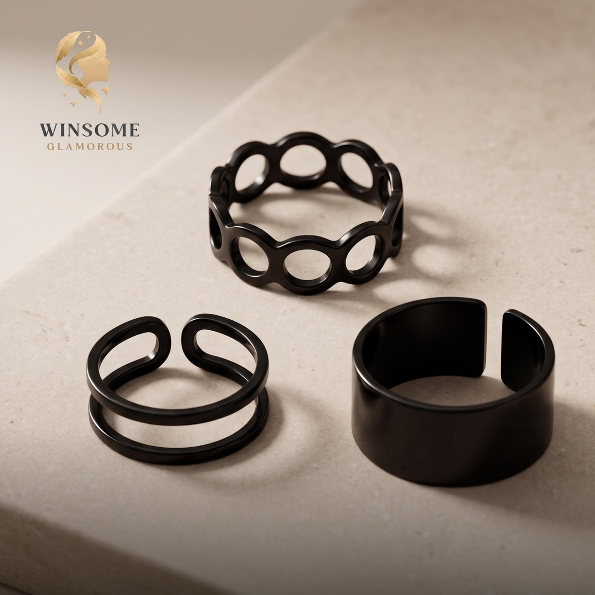 Chunky Black Ring Set • 3-Piece Adjustable Statement Bands • Sleek Minimalist Geometric Stackable Jewelry Pack for Men & Wome