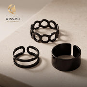 Chunky Black Ring Set • 3-Piece Adjustable Statement Bands • Sleek Minimalist Geometric Stackable Jewelry Pack for Men & Wome