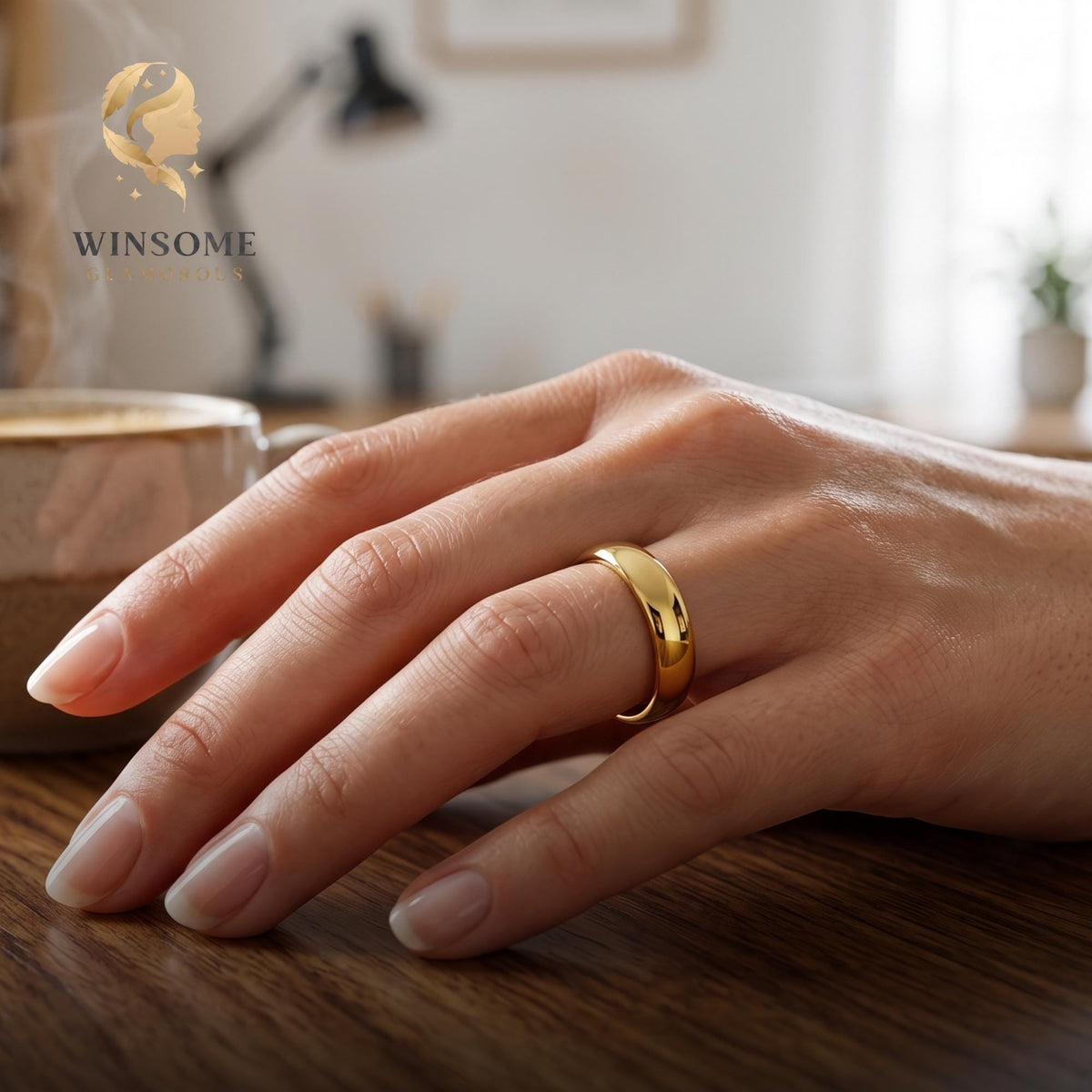 Premium 14k Gold Plated Smooth Dome Ring – Tarnish-Free Comfort-Fit Stacking Band, Minimalist Everyday Luxury Jewelry for Cou