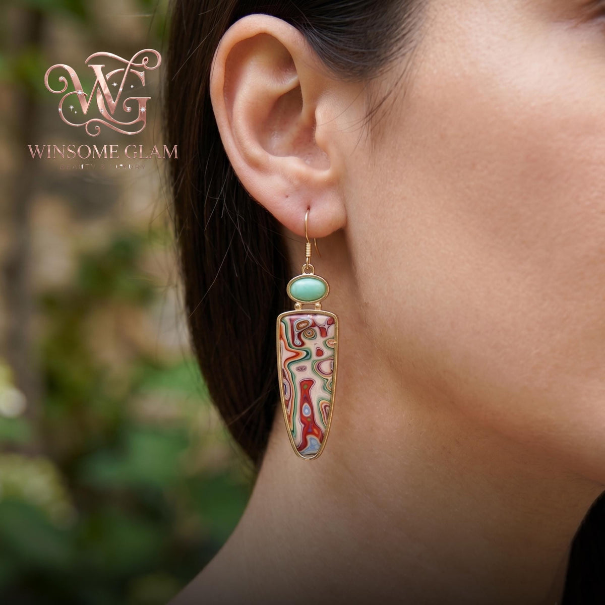 18k Gold Plated Fordite Asymmetrical Earrings, Boho Dangle Leaf Earrings, Colorful Mismatched Drop Earrings, Unique Gift for 