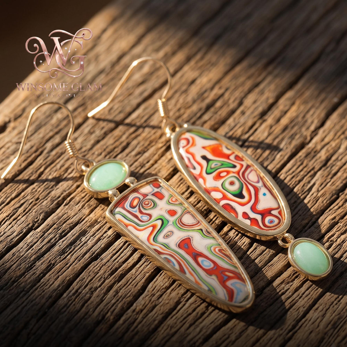 18k Gold Plated Fordite Asymmetrical Earrings, Boho Dangle Leaf Earrings, Colorful Mismatched Drop Earrings, Unique Gift for 