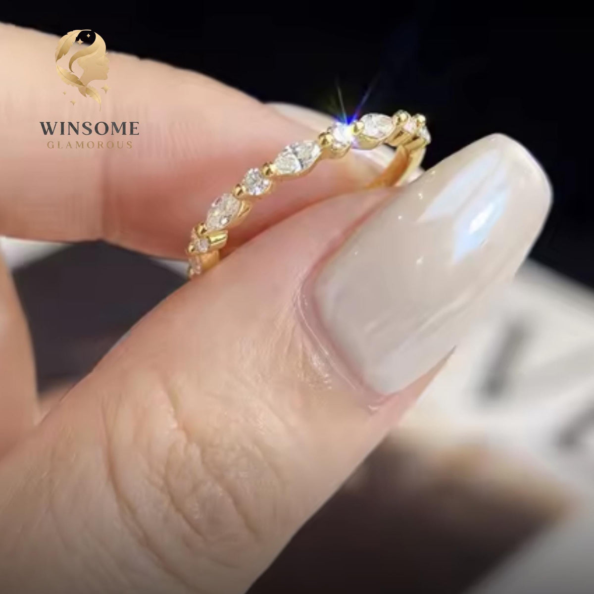 Moissanite Wedding Band Gold | Alternating Marquise Round Stacking Ring | Vintage Style Matching Diamond Band | Unique Annive