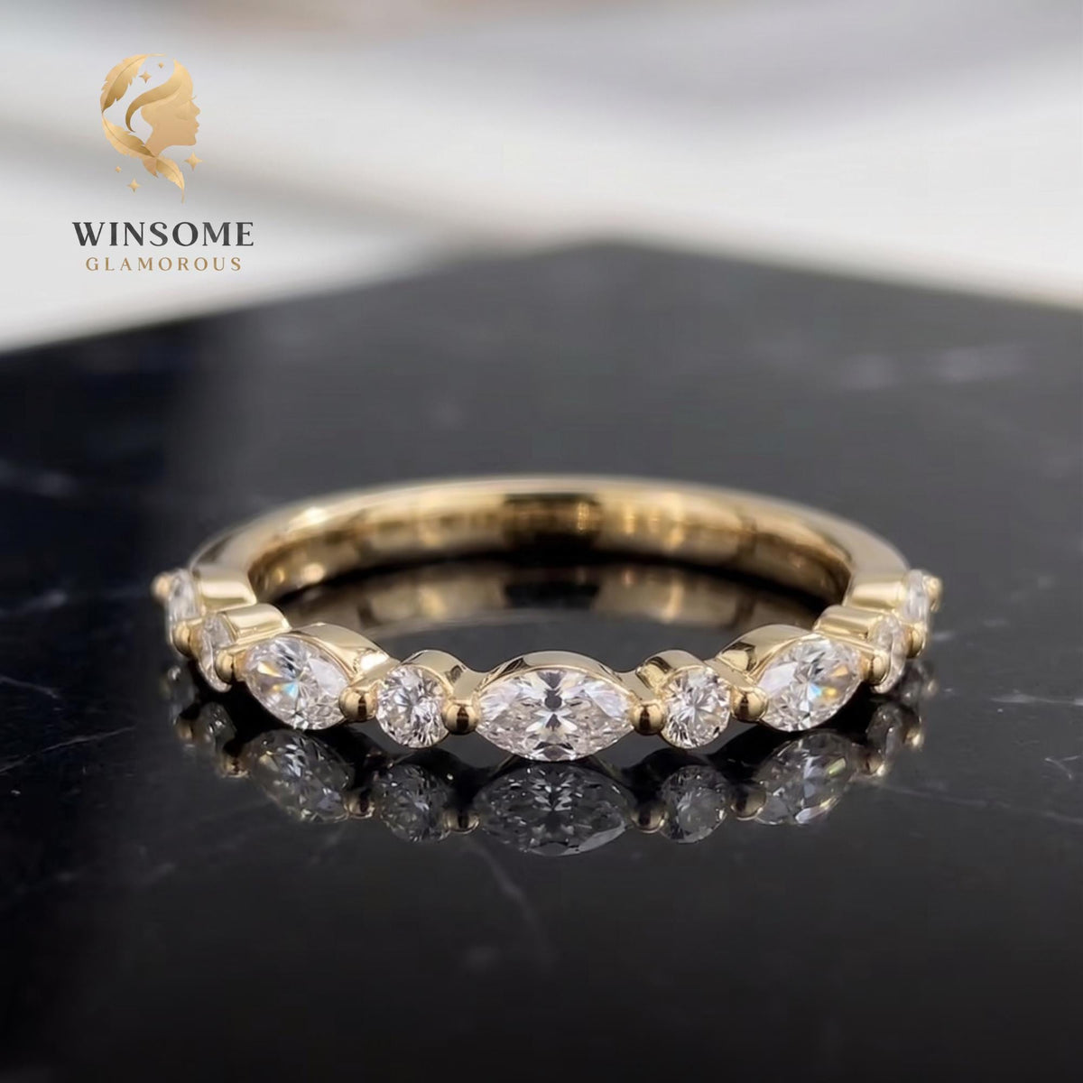 Moissanite Wedding Band Gold | Alternating Marquise Round Stacking Ring | Vintage Style Matching Diamond Band | Unique Annive