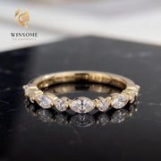 Moissanite Wedding Band Gold | Alternating Marquise Round Stacking Ring | Vintage Style Matching Diamond Band | Unique Annive
