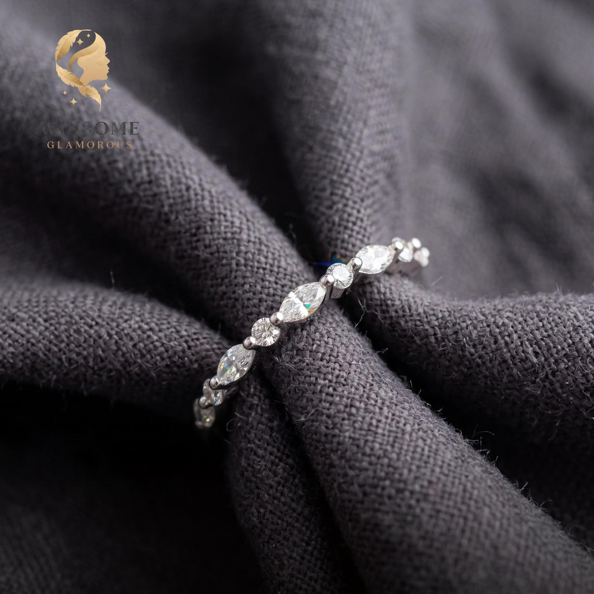 Moissanite Wedding Band Gold | Alternating Marquise Round Stacking Ring | Vintage Style Matching Diamond Band | Unique Annive