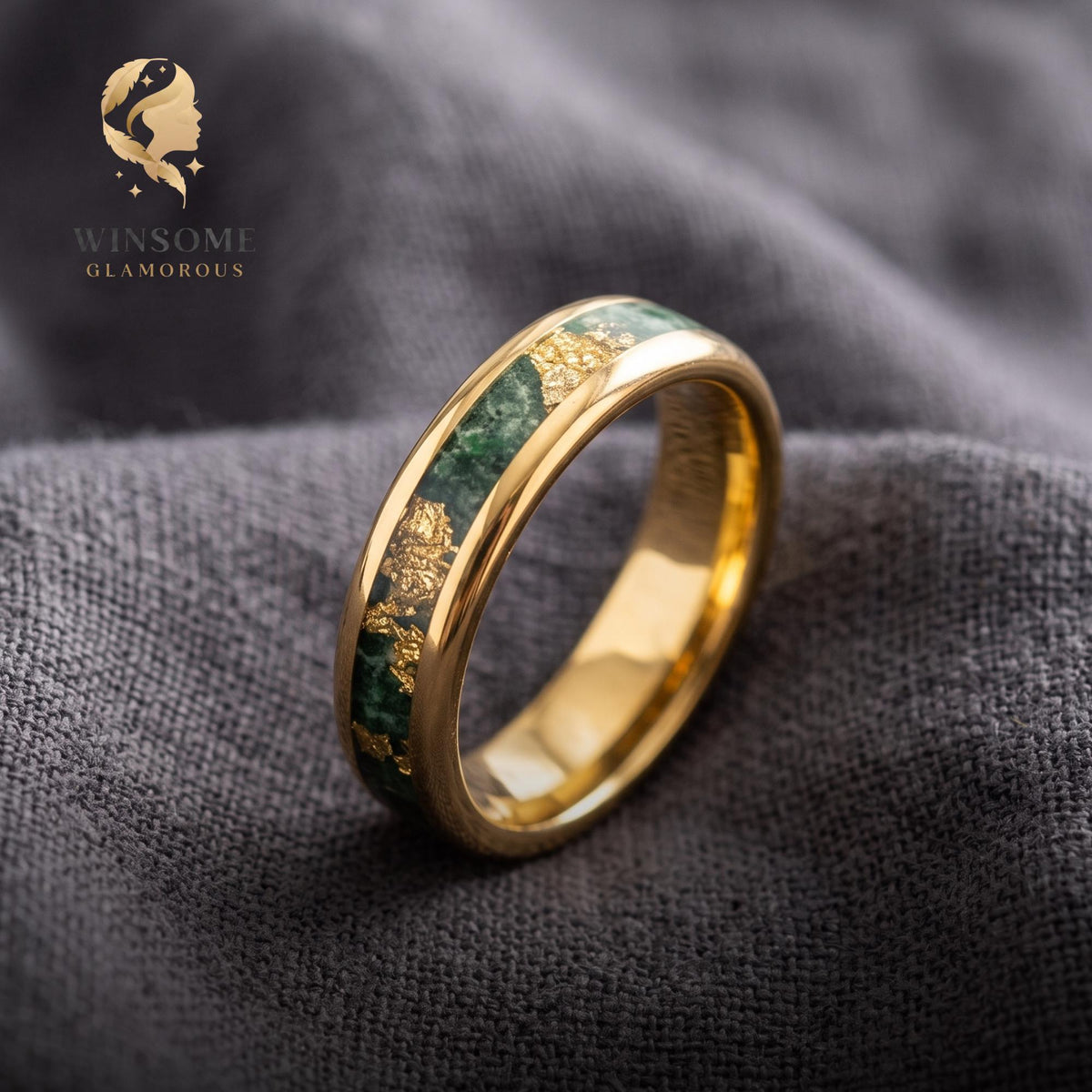 Tungsten Moss Agate Wedding Band | Comfort Fit 4mm 6mm 8mm Ring for Men & Women, Gold Foil Stone Inlay, Anniversary Promise R
