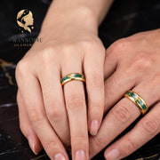 Tungsten Moss Agate Wedding Band | Comfort Fit 4mm 6mm 8mm Ring for Men & Women, Gold Foil Stone Inlay, Anniversary Promise R
